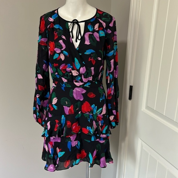 PARKER JEWELED Silk Floral Faux Wrap Dress Long Sleeve V Neck Black Sz S NEW - Picture 1 of 11